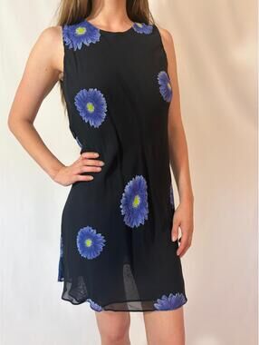 Italian Vintage Floral Mesh Double Layer Rayon Mini High Neck Dress
